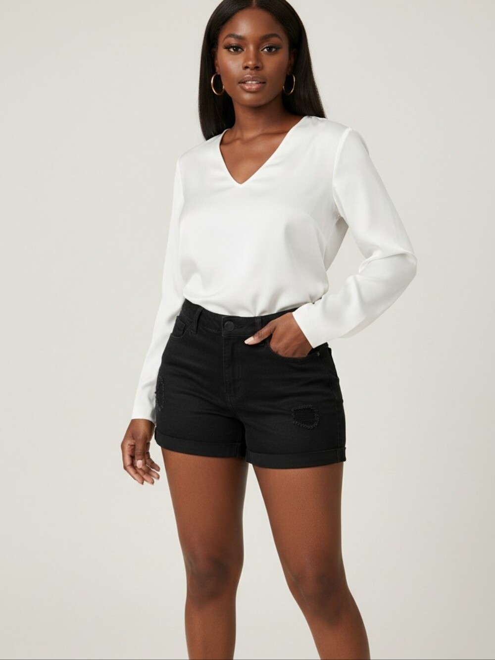 Women’s Black Denim Roll-Cuff Shorts